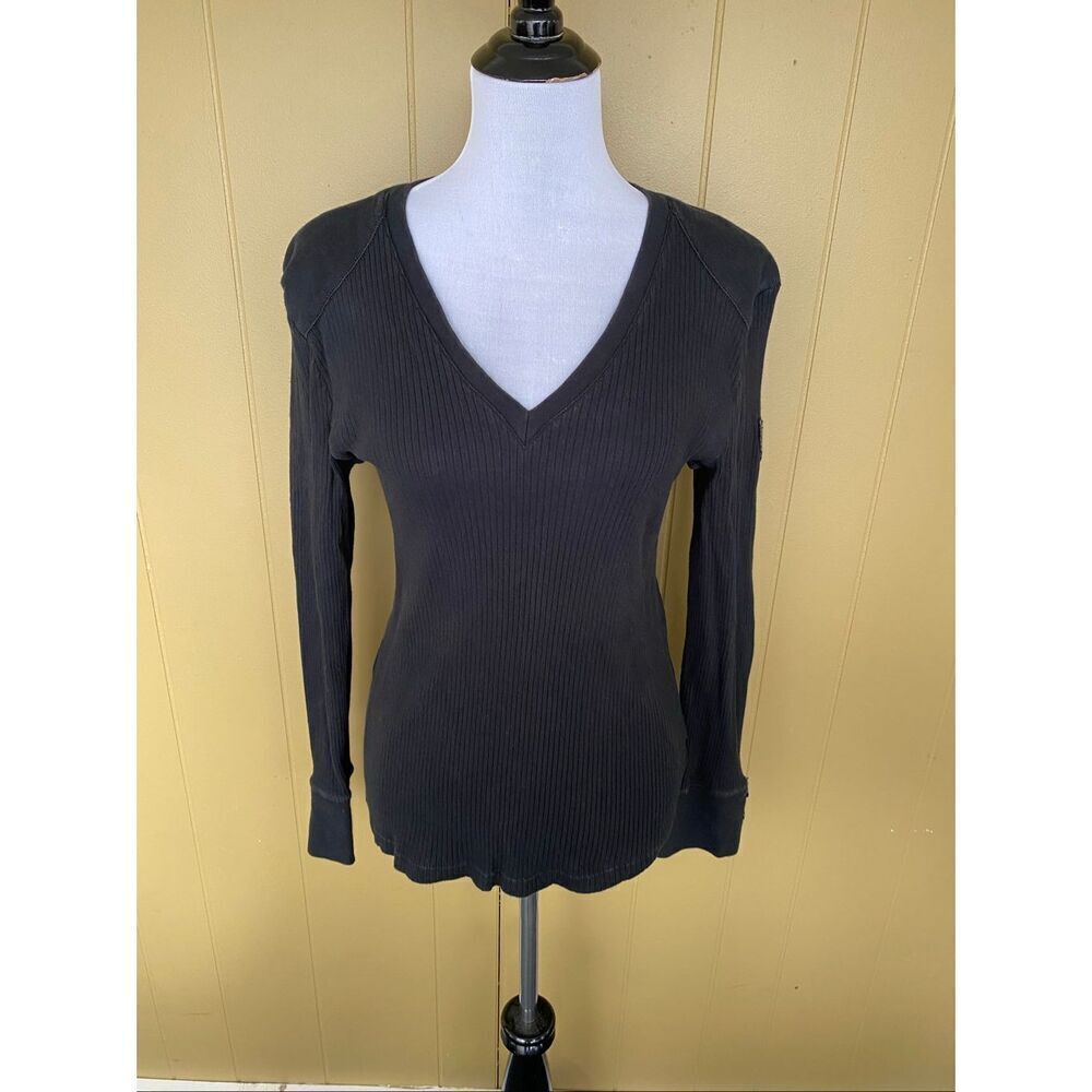 Ralph Lauren women XL 100% cotton vneck Longsleeve ribbed top black